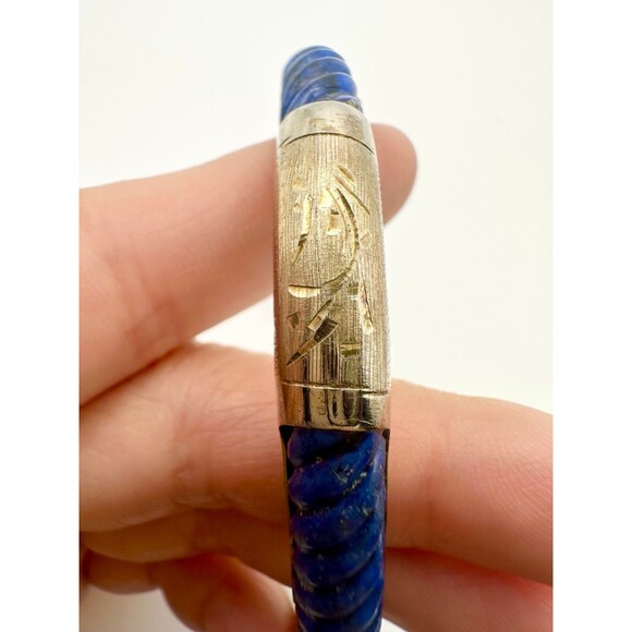 Vintage sterling silver gold plated carved lapis lazuli bangle Bracelet - Picture 6 of 10